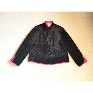 Womens Jacket-DAVID BROOKS-black/pink patterned REVERSIBLE velvet quilted ls-M